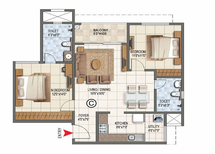 Prestige Falcon City Luxe 2 BHK Floor Plan