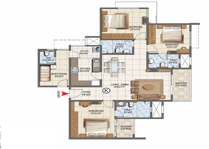 Prestige Falcon City 3 BHK Floor Plan